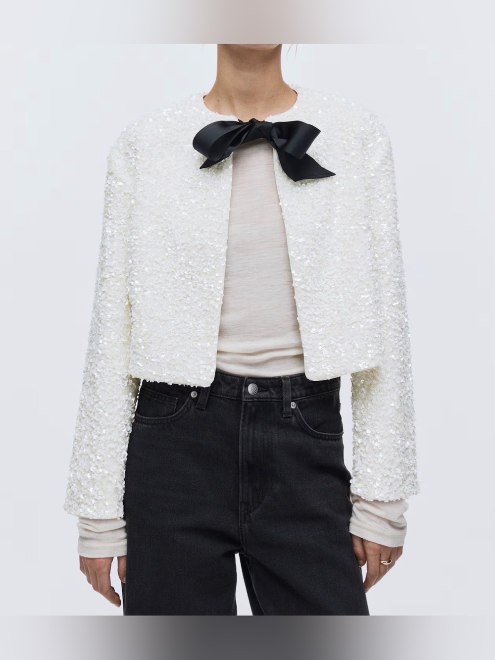 Cream Sequin Cropped Jacket with Black Tie-Detail